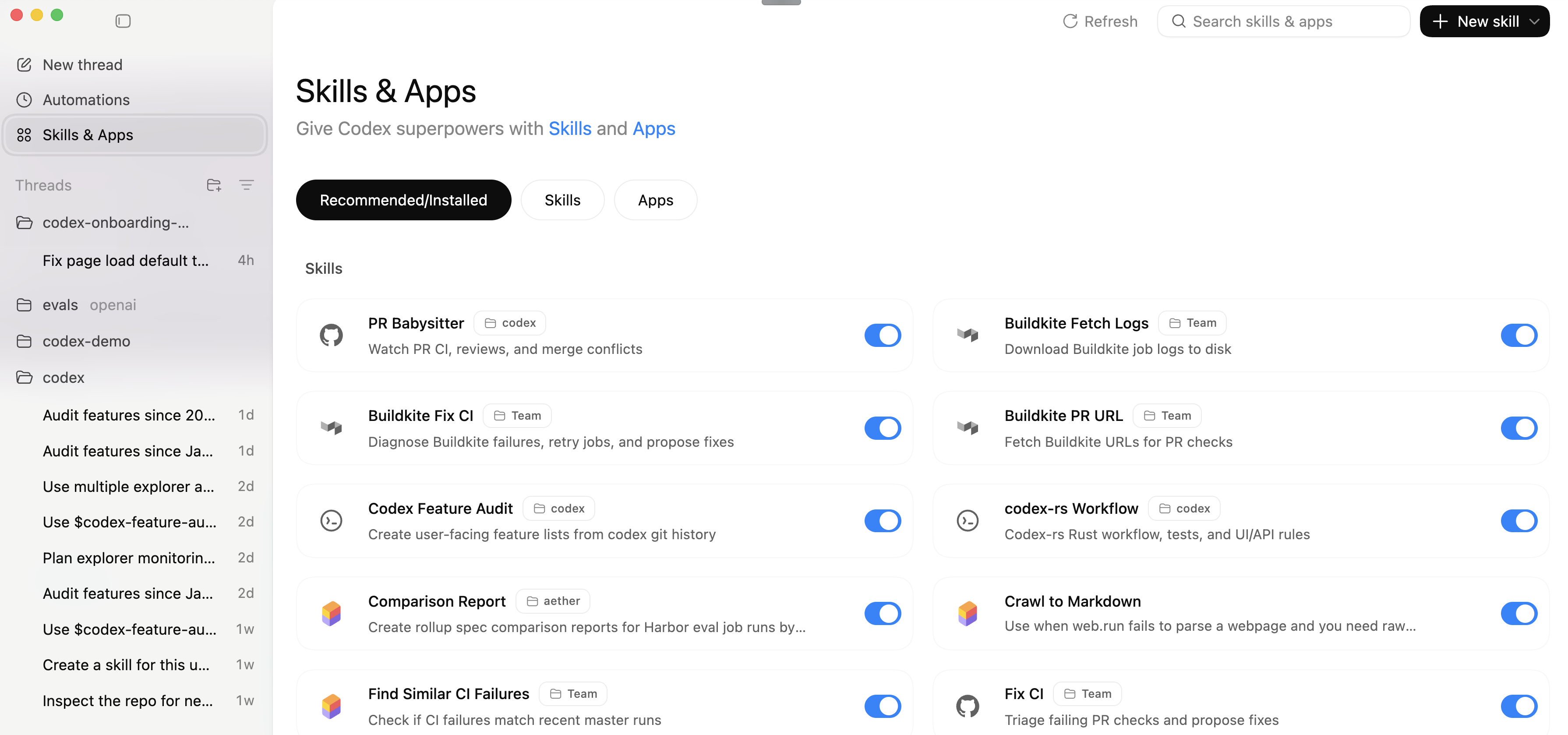 Codex app Skills and Apps sidebar screenshot